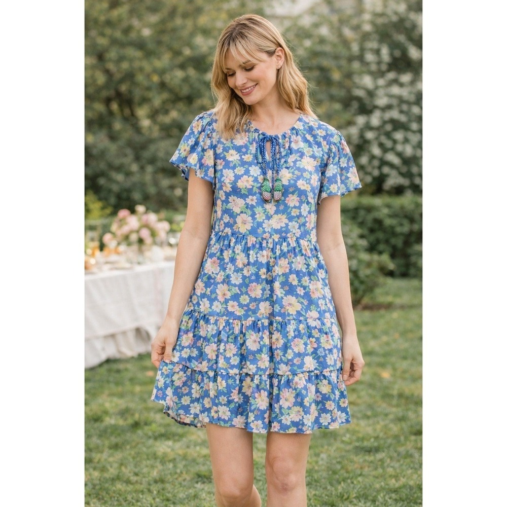 Shoshanna Boho Floral‎ Tiered Mini Dress Tassel Tie Neck Blue XS